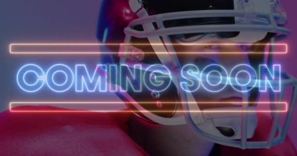 Animation Coming Soon Text Neon Shapes American Football Player Neon — Vídeo de stock