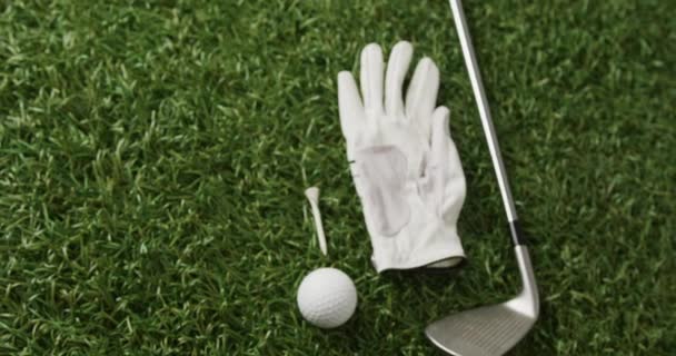 Close Golf Club Ball Glove Grass Copy Space Slow Motion — Stok video