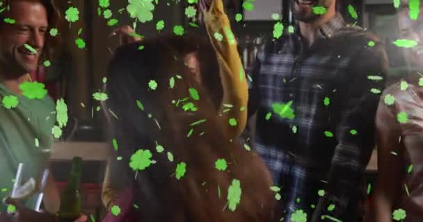 Animation Patrick Day Green Shamrock Falling Diverse Friends Having Fun — Stock video