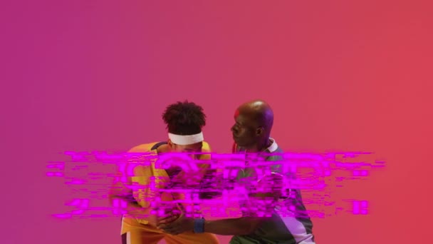 Animation Start Text Basketball Players Neon Background Sports Communication Concept — Vídeo de Stock