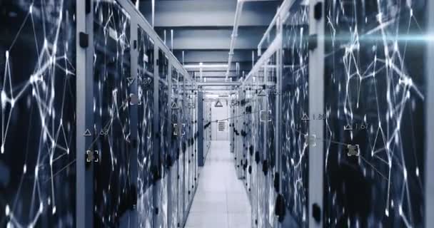 Animation Statistical Data Processing Plexus Networks Trails Computer Server Room — Vídeo de Stock