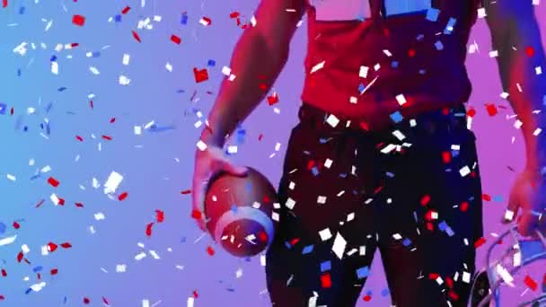 Animation Confetti Falling American Football Player Neon Background Sports Communication — Stockvideo