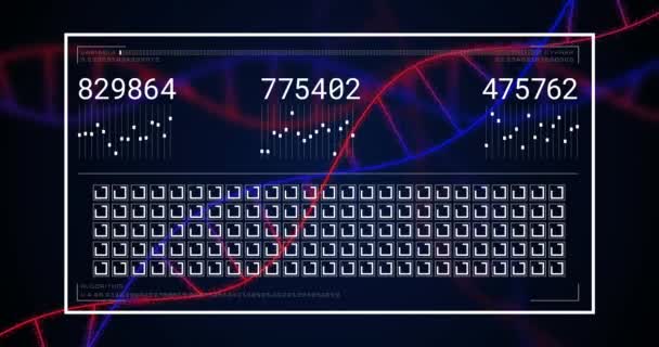 Animation Digital Display Changing Numbers Spinning Square Shapes Dna Helix — Stockvideo