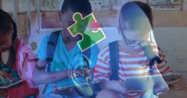 Animation Puzzle Autism Awareness Month Text Diverse Schoolchildren Using Tablet — Stock video