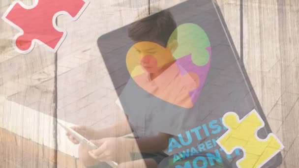 Animation Puzzle Autism Awareness Month Text Caucasian Boy Smiling Autism — стоковое видео
