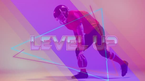 Animation Level Text Neon Shapes American Football Player Neon Background — Stock video