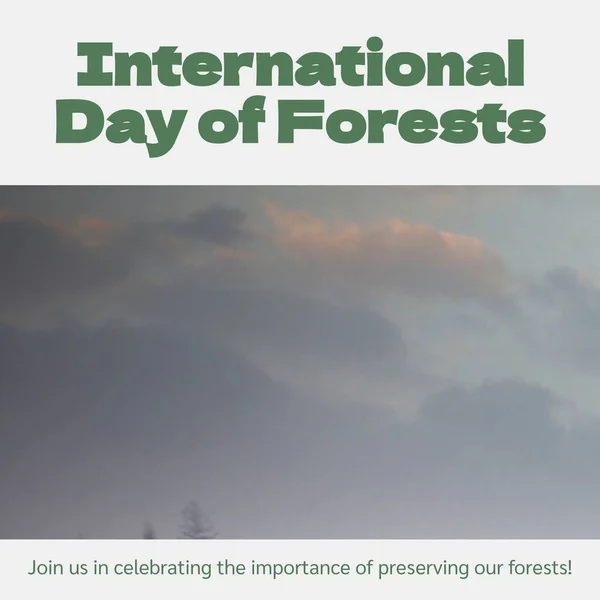 Composition of international day of forests text and clouds on grey background. International day of forests, nature and environment concept.