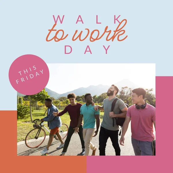Composition of walk to work day text and group of people walking. Walk to work day and active lifestyle concept digitally generated image.