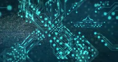 Animation of illuminated nft text over electronic circuit board patterns. Digitally generated, multiple exposure, non fungible tokens, wireless technology, blockchain, finance, trading, futuristic.