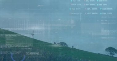 Animation of financial data processing over wind turbines. Global climate, sustainability, wind energy, business, finances, computing and data processing concept digitally generated video.