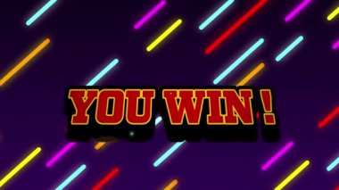 Animation of you win text over neon stripes on purple background. Global retro video game and communication concept digitally generated video.
