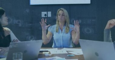 Animation of data processing over caucasian businesswoman. Global business, finances, computing and data processing concept digitally generated video