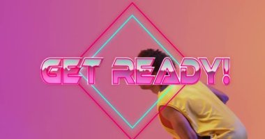 Animation of get ready text over basketball player and neon diamonds. Sports and communication concept digitally generated video.
