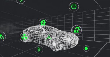 Animation of multiple digital icons over 3d car model moving in seamless pattern on black background. Automobile engineering and business technology concept