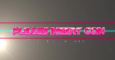 Animation of please insert coin text and shapes over light spots on black background. Social media and retro digital interface concept digitally generated video.