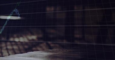 Animation of financial data processing over cityscape. Global business, finances, computing and data processing concept digitally generated video.