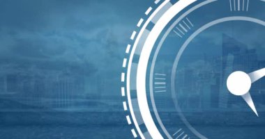 Animation of ticking clock and network of connections against view of cityscape. Global networking and business technology concept