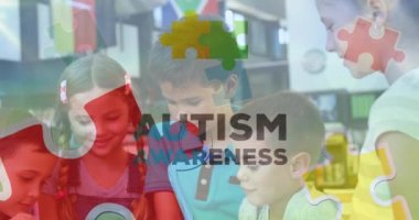 Animation of puzzle and autism awareness month text over diverse schoolchildren smiling. Autism awareness month, celebration and digital interface concept digitally generated video.