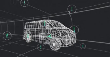 Animation of multiple digital icons over 3d van model moving in seamless pattern on black background. Automobile engineering and business technology concept