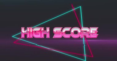 Animation of high score text banner against pink light trails against grey background. Video game interface and business technology concept