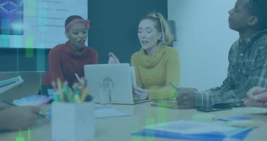 Animation of financial data processing over diverse business people. Global business, finances, computing and data processing concept digitally generated video
