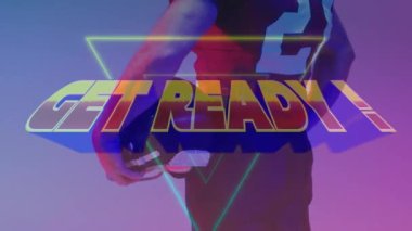 Animation of get ready text over american football player and neon triangles. Sports and communication concept digitally generated video.