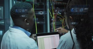 Animation of data processing over diverse it engineers and computer servers. Global computing and data processing concept digitally generated video