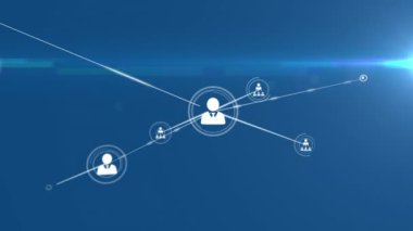 Animation of network of profile icons and light spot against blue background. Global networking and business technology concept