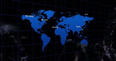 Animation of world map with network of connections and data processing. Global networks, computing and data processing concept digitally generated video.