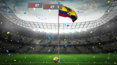 Animation of social media icons and confetti falling over waving ecuador flag and sports stadium. Social media networking and sports concept
