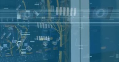 Animation of data processing over caucasian female engineer working at computer server room. Computer interface and business data technology concept