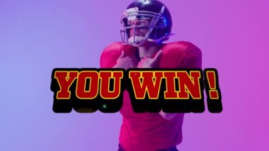 Animation of you win text over american football player on neon background. Sports and communication concept digitally generated video.