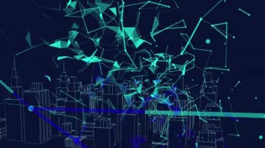Animation of digital city over network of connections on black background. Global technology and digital interface concept digitally generated video.