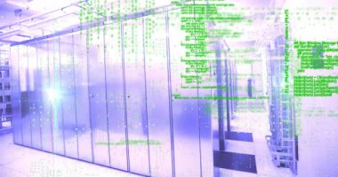 Animation of data processing and light spot against computer server room. Computer interface and business data storage technology concept