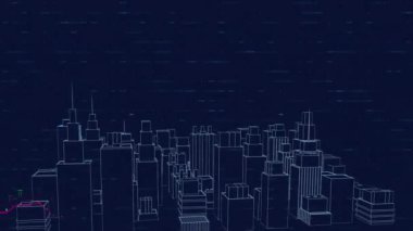 Animation of digital city over financial data processing on black background. Global technology and digital interface concept digitally generated video.