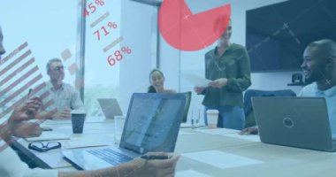 Animation of financial data processing over diverse business people. Global business, finances, computing and data processing concept digitally generated video.