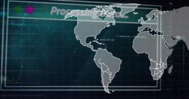 Animation of map moving over digital screen with progressing data and loading text against graphs. Digitally generated, multiple exposure, globalization, progress, report, futuristic, technology.