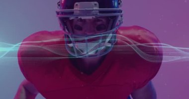 Animation of multiple light trails over american football player on neon background. Sports and communication concept digitally generated video.