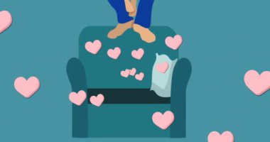 Animation of heart shapes moving over couple with laptop sitting on sofa against blue background. Digitally generated, love, together, technology, illustration, happiness and lifestyle concept.