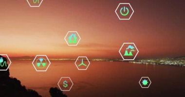 Animation of sustainability and ecology icons over landscape. Ecology, sustainability and data processing concept digitally generated video