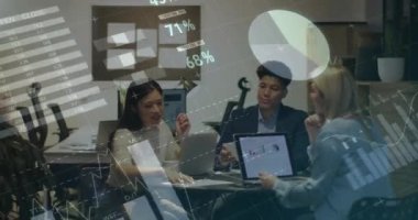 Animation of data processing over diverse business people working in office. Global business, finances, computing and data processing concept digitally generated video.