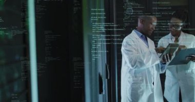 Animation of data processing over diverse it engineers and computer servers. Global computing and data processing concept digitally generated video