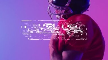 Animation of level up text over american football player and neon backgound. Sports and communication concept digitally generated video.