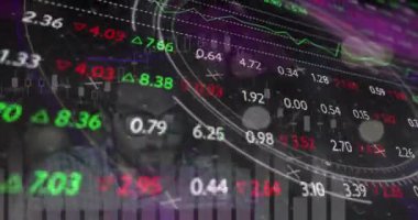 Animation of scope scanning over financial data processing and businessman on black background. Global business, finances and digital interface concept digitally generated video.