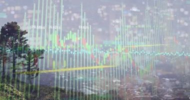 Animation of financial and statistical data processing against aerial view of cityscape. Global finance and business technology concept