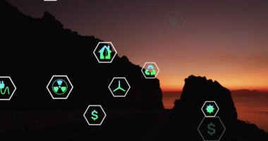 Animation of sustainability and ecology icons over landscape. Ecology, sustainability and data processing concept digitally generated video