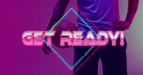 Animation Get Ready Text Basketball Player Neon Diamonds Sports Communication — Stock Video