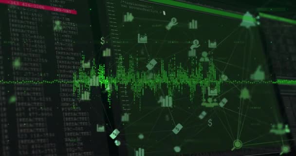 Animation Illuminated Soundwaves Connected Multiple Icons Screen Computer Language Digitally — Vídeo de stock