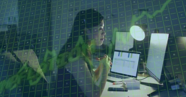 Animation Financial Data Processing Businesswoman Global Business Finances Computing Data — стоковое видео