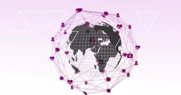 Анимация Сети Цифровых Икон Поверх Вращающегося Земного Шара Розовом Градиентном — стоковое видео